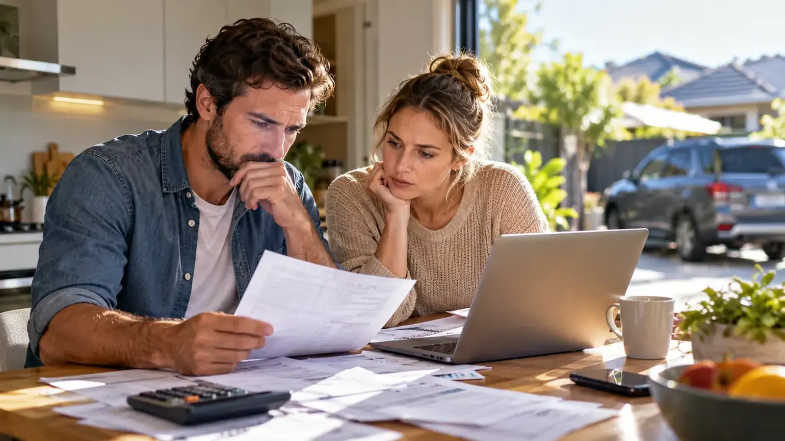 Editorial illustration of two adults checking household documents at a laptop, not an official ABS Census form