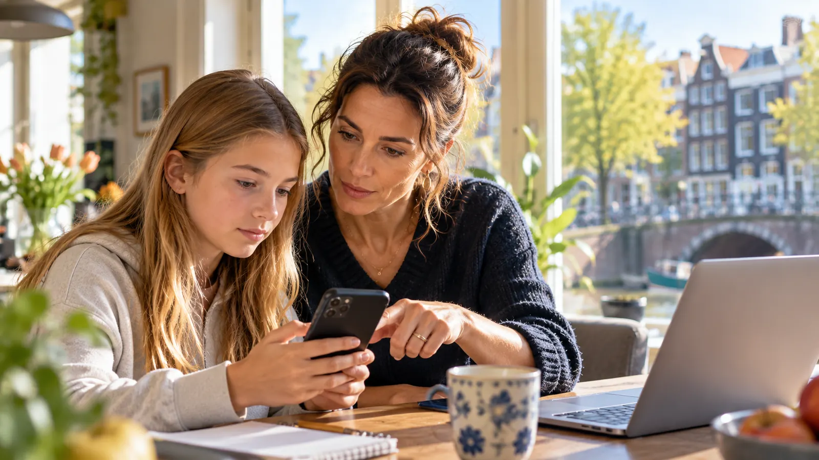 Image illustrative d'une famille utilisant un smartphone; aucun écran de compte bancaire réel