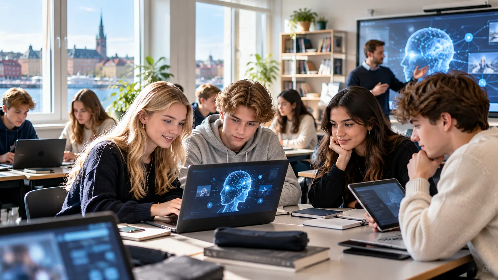 Illustrative scene of university students collaborating at laptops, not a real Student Loans Company office