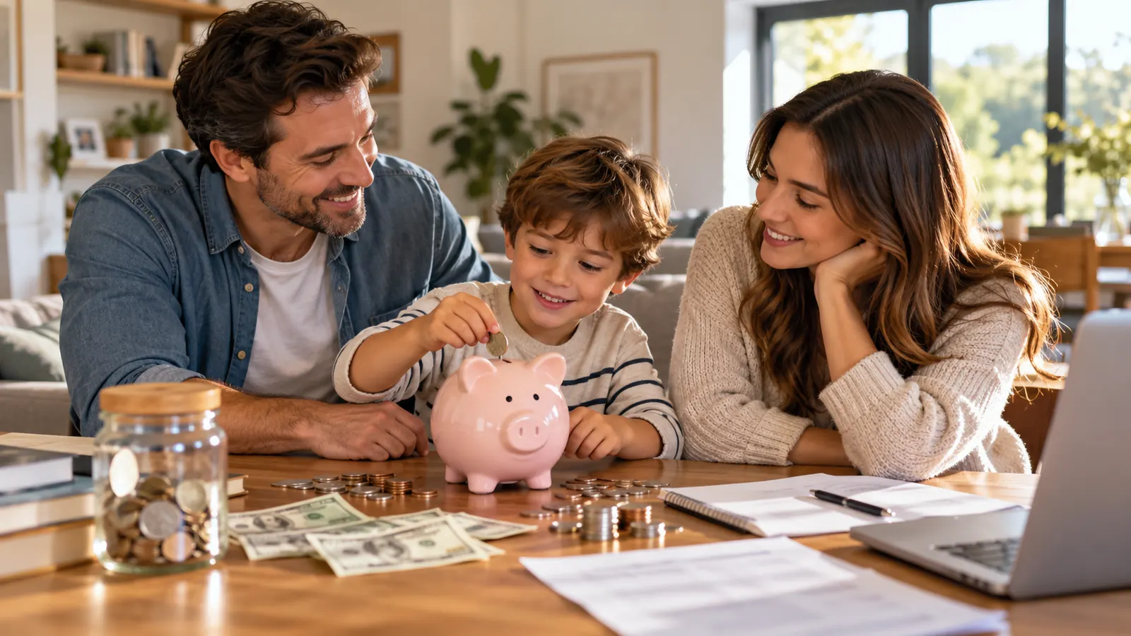 Editorial illustration: a family teaching a child to save money, not the actual Dell grant recipients