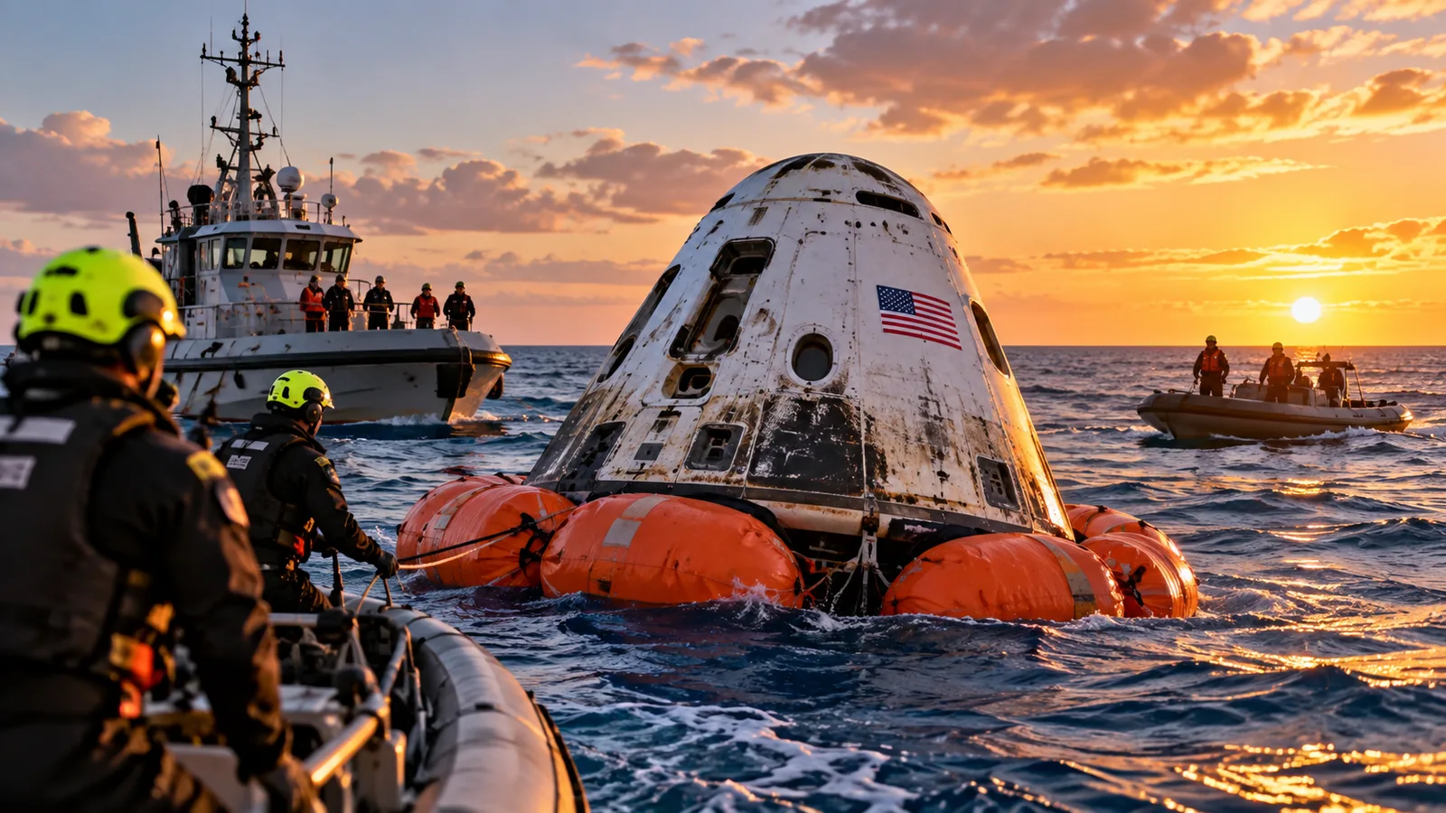 Illustration éditoriale du retour d’une capsule spatiale en mer, sans prétention documentaire