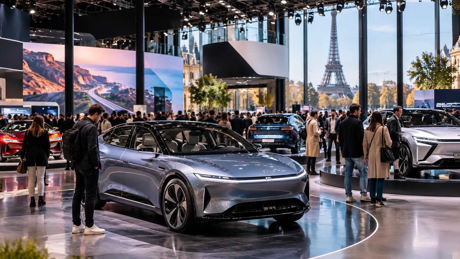 Photo d’illustration de voitures modernes exposées dans un salon automobile parisien, sans lien documentaire avec la négociation UE–Chine