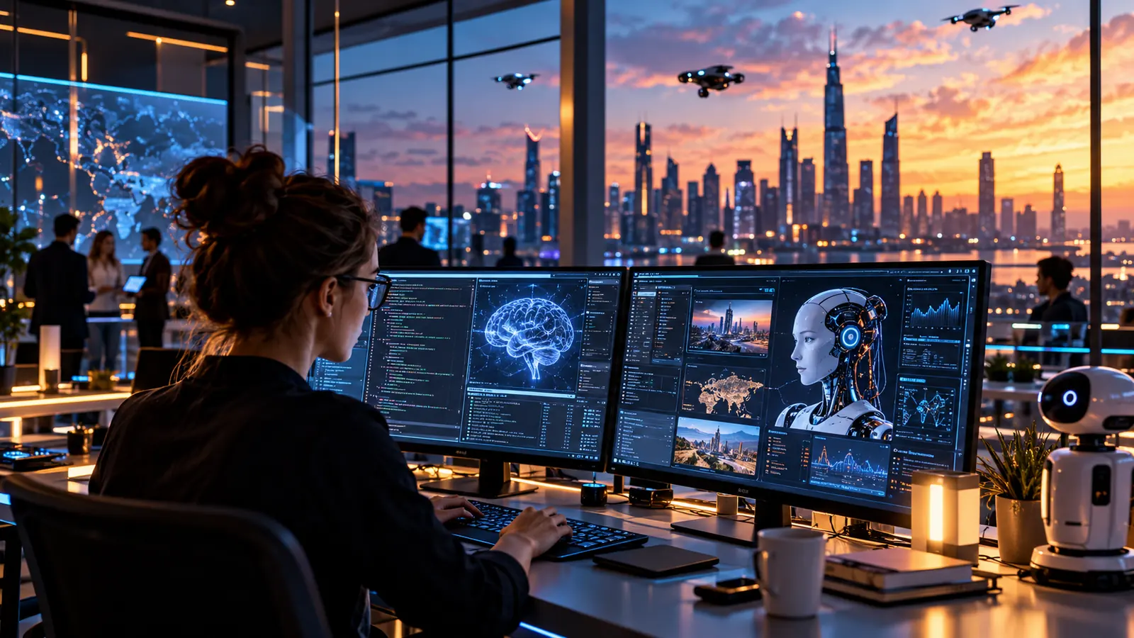 Illustrative researchers evaluating complex AI systems inside a computer laboratory, not an image of a government hearing