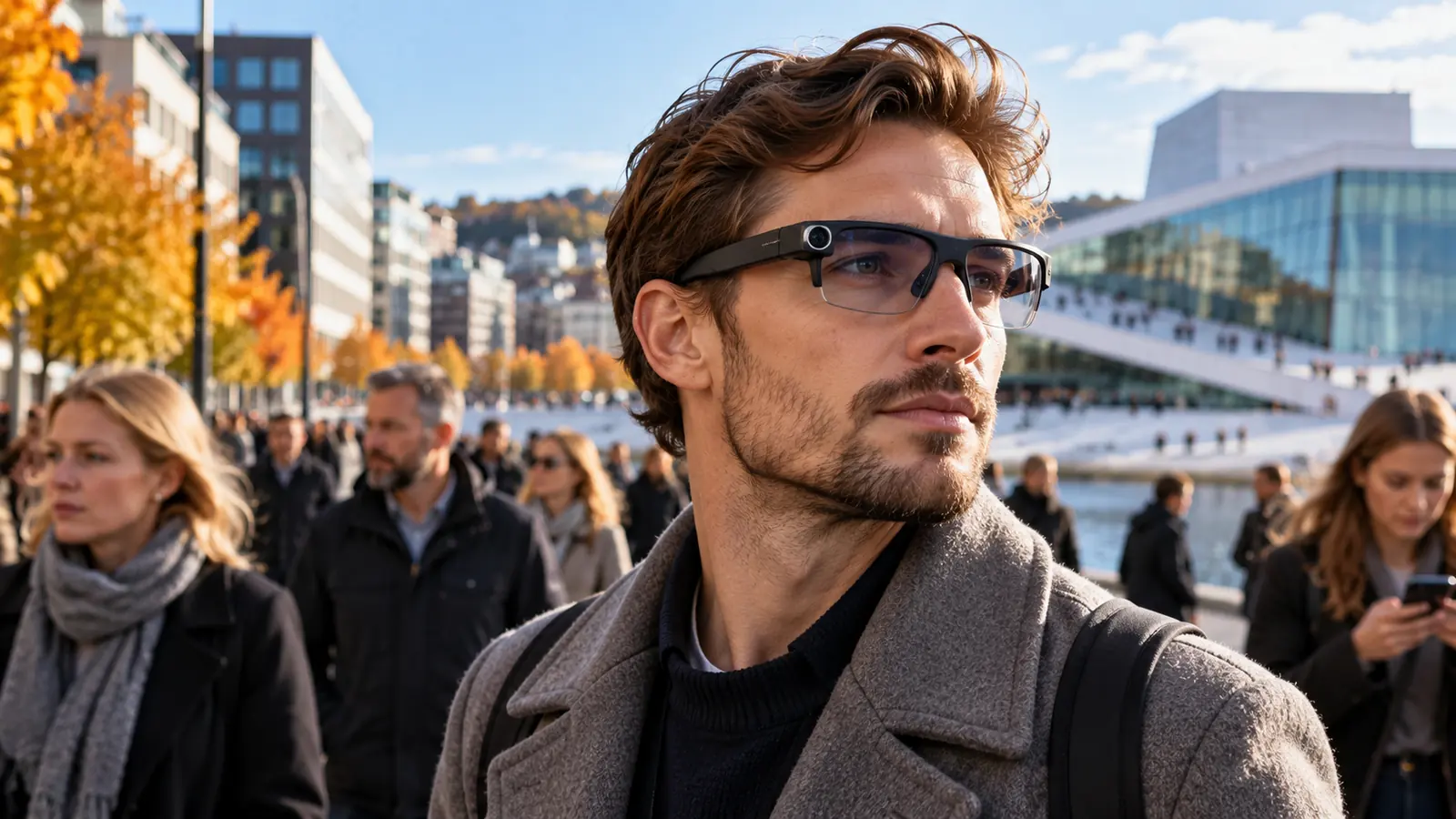 Illustrasjonsfoto av en person med smartbriller i en bygate, ikke et foto av et forbudsvedtak
