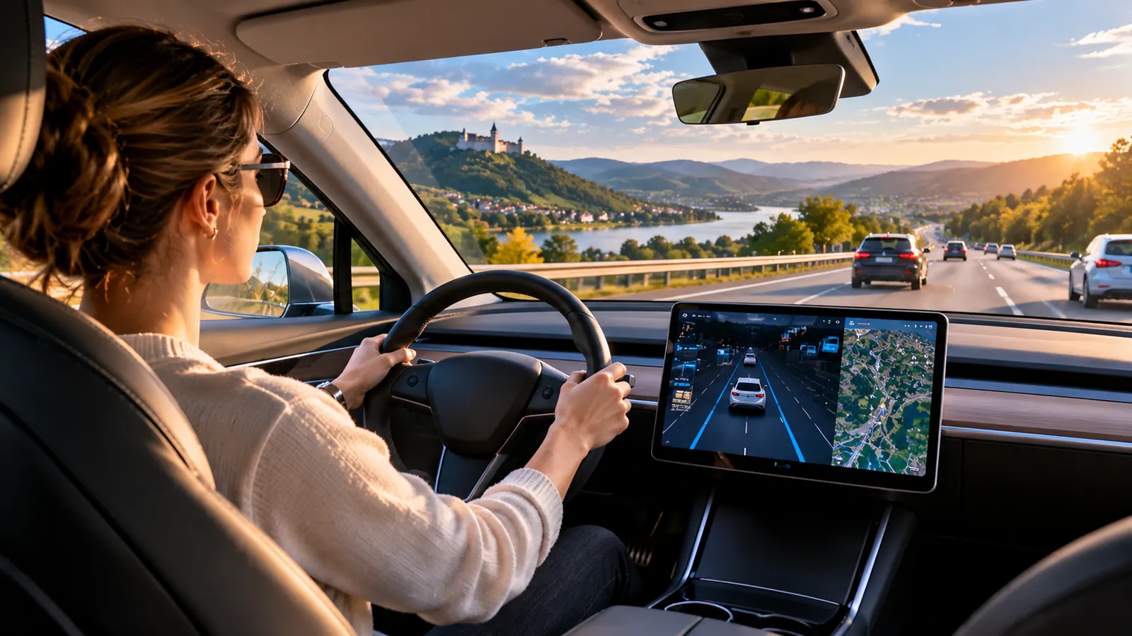 Autobahn und Stadt bei Sonnenuntergang als Bild für Verkehrsenergie und CO2-Kosten, keine Aufnahme des EU-Rates