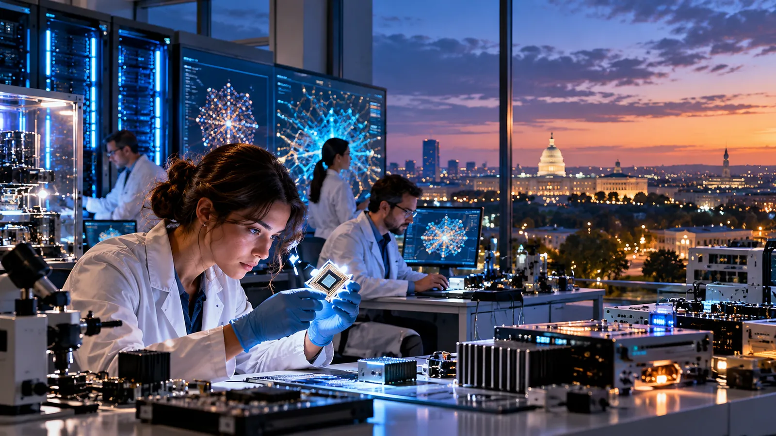 Scientists reviewing artificial intelligence systems in a technology laboratory, illustrative and not documentary photography
