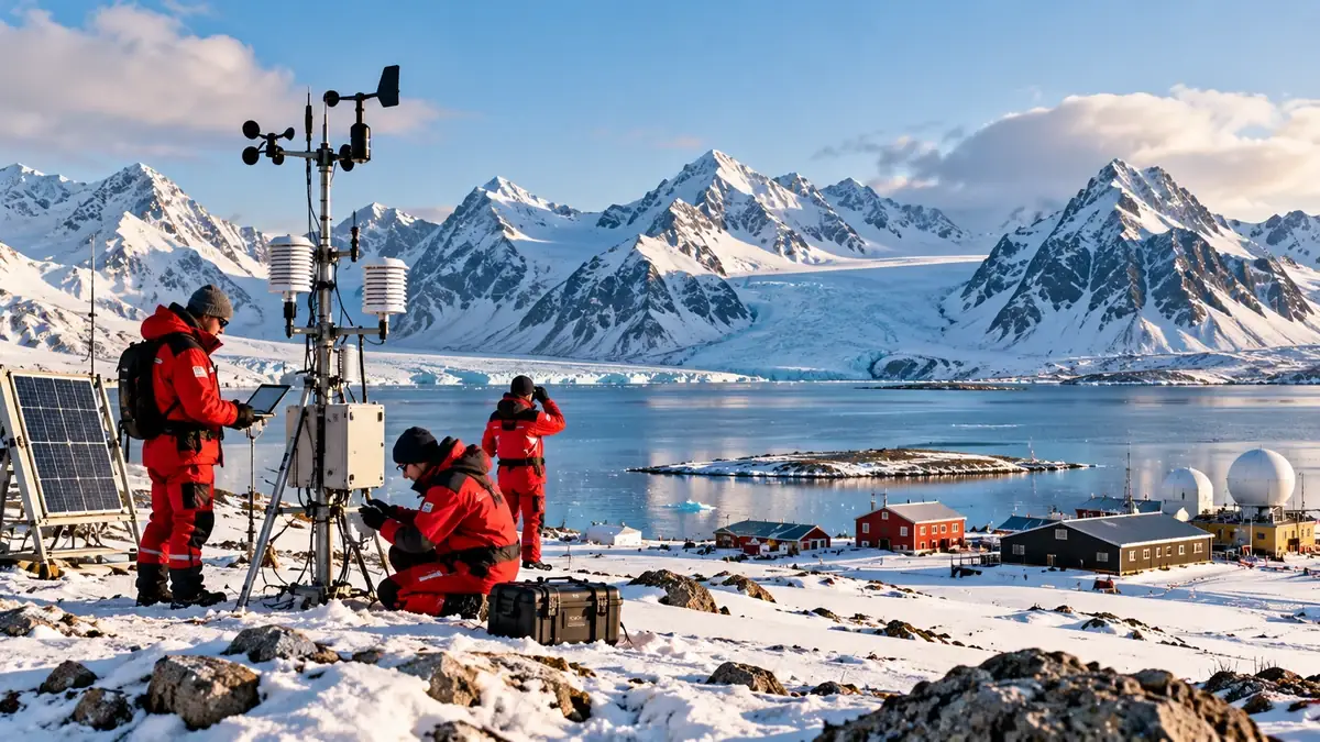 AI-generert redaksjonelt bilde av arktiske forskere som arbeider med måleinstrumenter i Ny-Ålesund-lignende polarlandskap