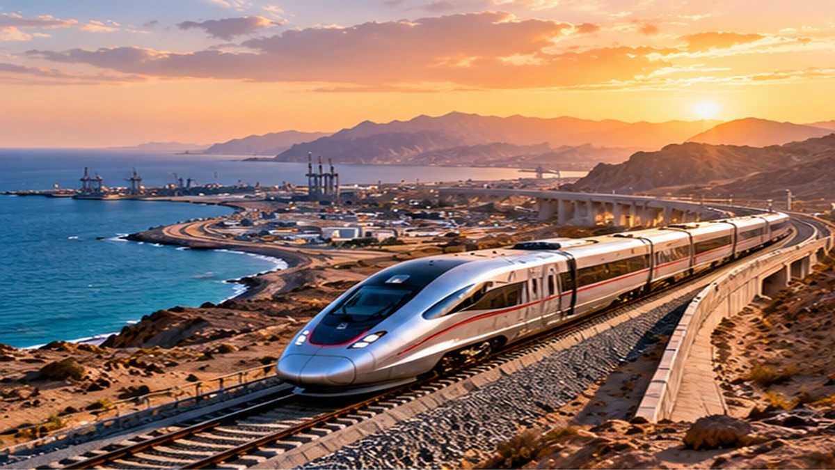 Image éditoriale générée d’un train moderne et d’infrastructures de transport au coucher du soleil, représentant les investissements du plan de relance européen en France