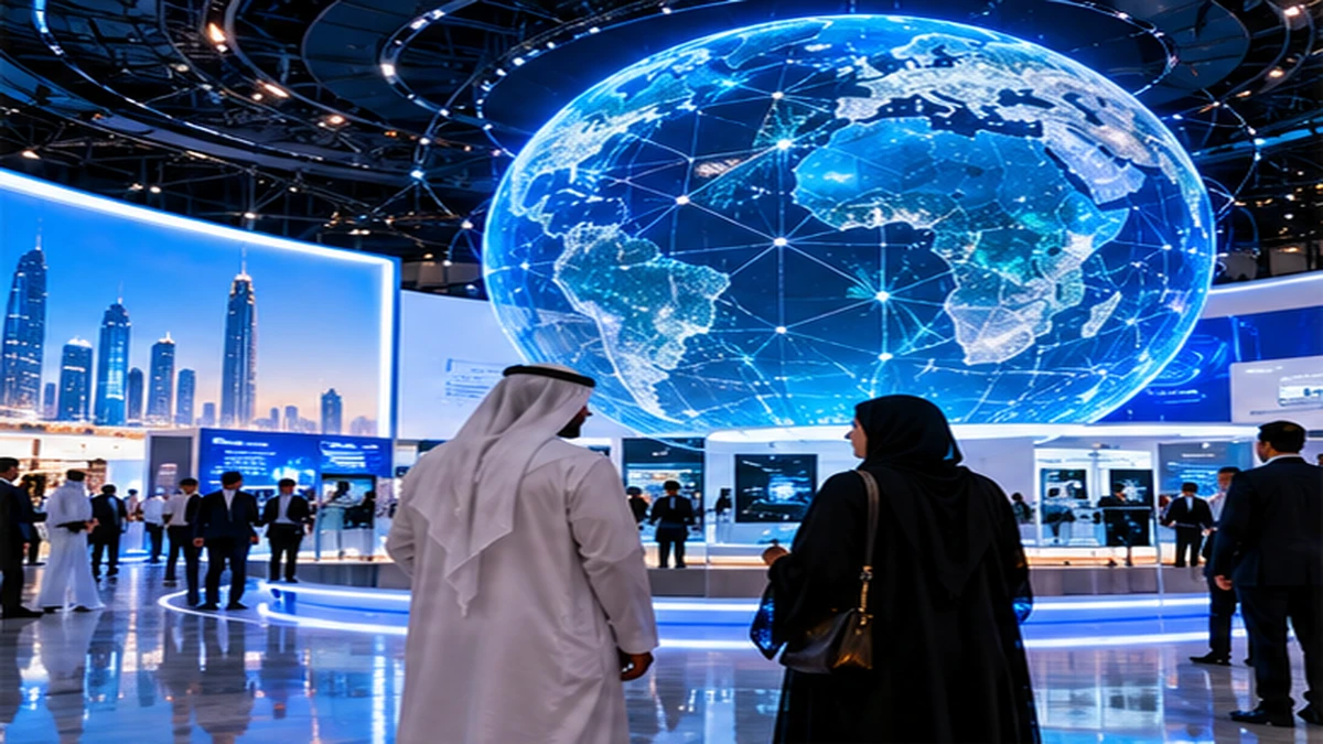 صورة تحريرية مولدة لمعرض تقني وإبداعي حديث في السعودية مع حضور مهني وشاشة رقمية ضخمة تمثل علاقة الإنسان بالذكاء الاصطناعي