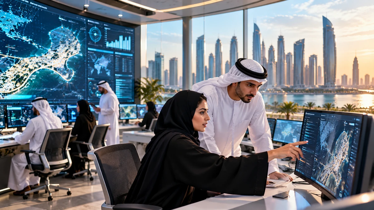 صورة تحريرية مولدة لمركز عمليات حكومي ذكي في أبوظبي يعمل بالذكاء الاصطناعي وتحليلات البيانات