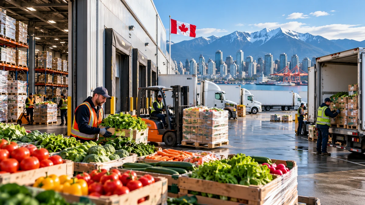 AI-generated editorial image of a Canadian food distribution terminal with produce, refrigerated trucks and warehouse logistics