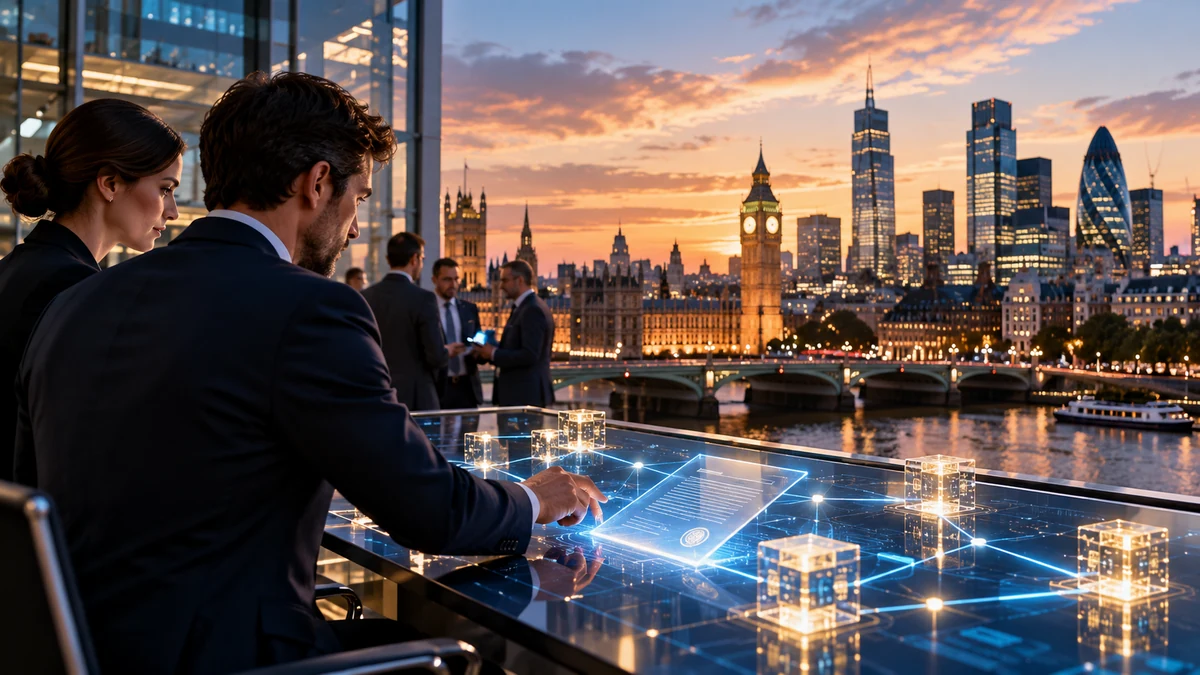 Editorial image of financial professionals using digital market tools in London, representing AI-driven change in wealth management