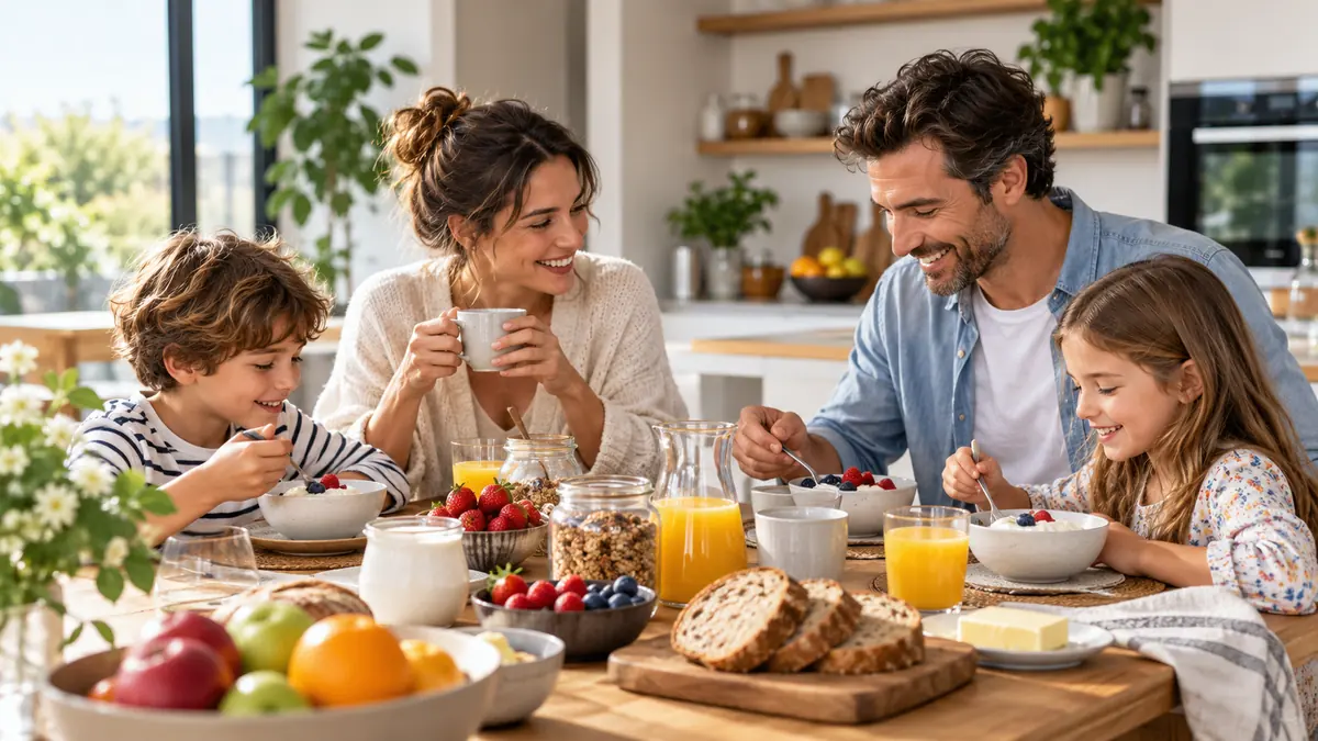 Family sharing breakfast at home